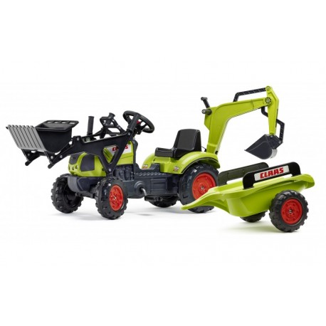 Šlapací traktor Claas Axos 330 s 2 funkčnými lyžicami, 2 kolesovým výklopným valníkom, dĺžka 225cm, Made in Francie