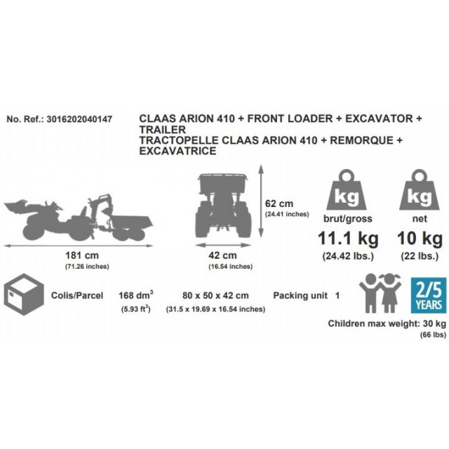 Šlapací traktor Claas Axos 330 s 2 funkčnými lyžicami, 2 kolesovým výklopným valníkom, dĺžka 225cm, Made in Francie