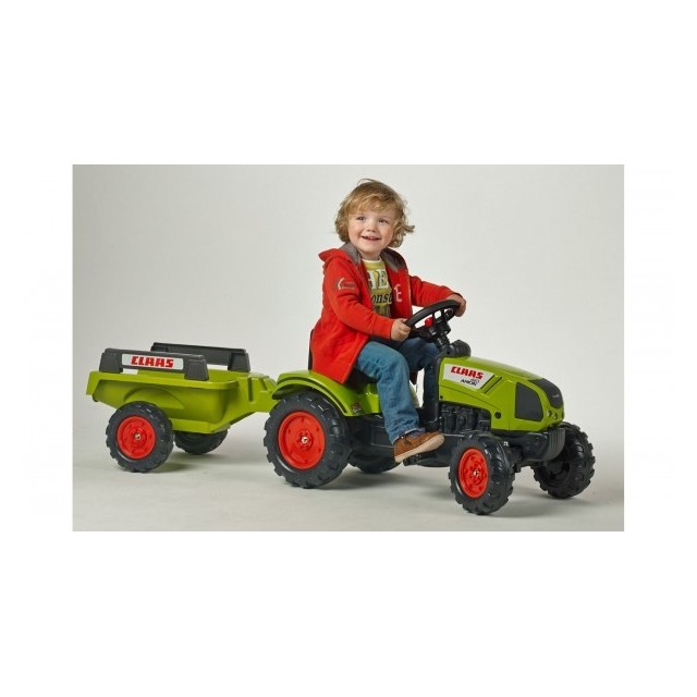 Šlapací traktor Claas Axos 330 s 2 funkčnými lyžicami, 2 kolesovým výklopným valníkom, dĺžka 225cm, Made in Francie