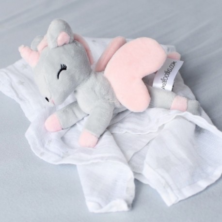 Mini plyšový jednorožec Metoo s mušelínovou plienkou sivo/ružový, 12cm