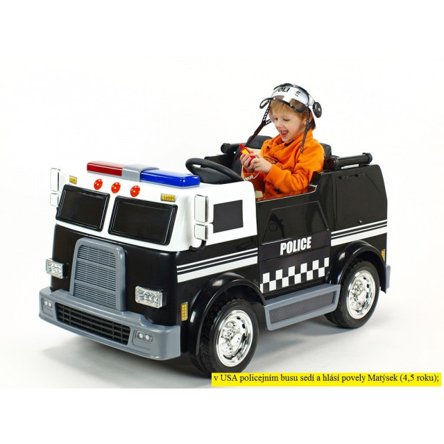 Dvojmiestný policajný bus 4x4 s 2,4 G DO, megafónom, sirénou, majákom, USB, MP3, voltmetrom, EVA kolesami