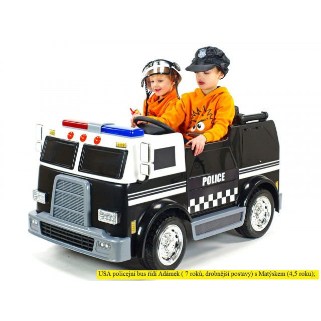 Dvojmiestný policajný bus 4x4 s 2,4 G DO, megafónom, sirénou, majákom, USB, MP3, voltmetrom, EVA kolesami