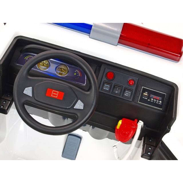 Dvojmiestný policajný bus 4x4 s 2,4 G DO, megafónom, sirénou, majákom, USB, MP3, voltmetrom, EVA kolesami