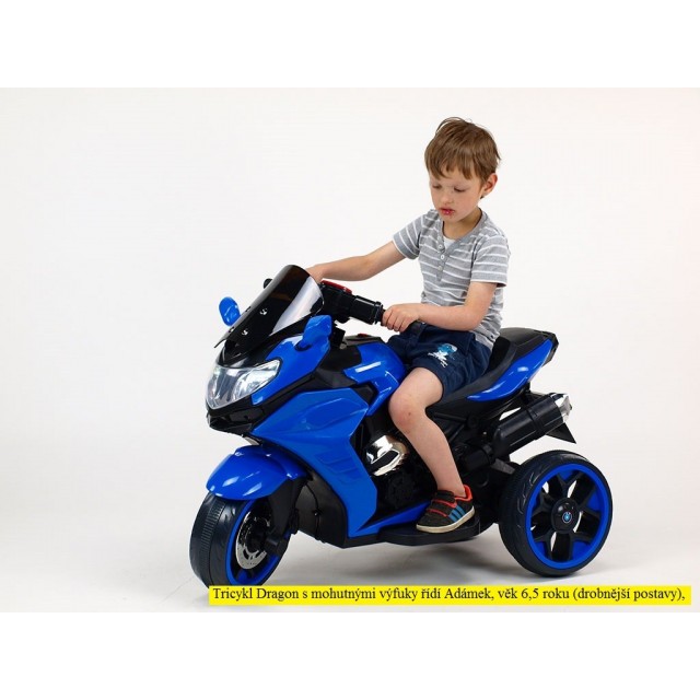 Motorka-Tricykl Dragon s mohutnými výfukmi,motor 2x12V,digiplayer USB,Mp3,voltmeter,LED osvetlenie,modrá