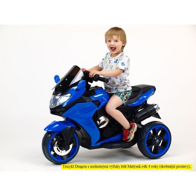 Motorka-Tricykl Dragon s mohutnými výfukmi,motor 2x12V,digiplayer USB,Mp3,voltmeter,LED osvetlenie,modrá