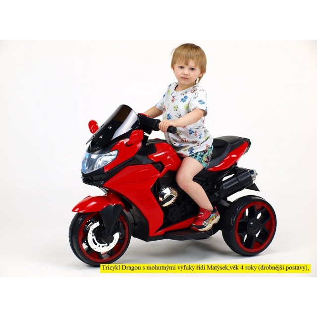 Motorka-Tricykl Dragon s mohutnými výfukmi,motor 2x12V,digiplayer USB,Mp3,voltmeter,LED osvetlenie,modrá