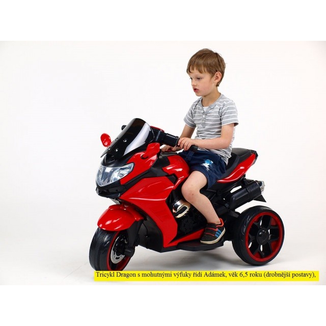 Motorka-Tricykl Dragon s mohutnými výfukmi,motor 2x12V,digiplayer USB,Mp3,voltmeter,LED osvetlenie,modrá