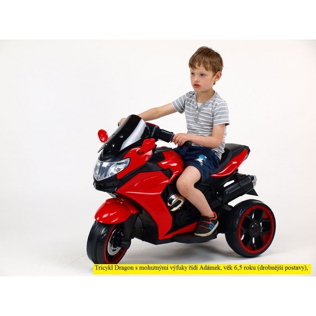 Motorka-Tricykl Dragon s mohutnými výfukmi,motor 2x12V,digiplayer USB,Mp3,voltmeter,LED osvetlenie,modrá