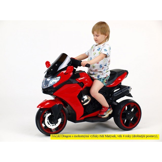 Motorka-Tricykl Dragon s mohutnými výfukmi,motor 2x12V,digiplayer USB,Mp3,voltmeter,LED osvetlenie,modrá