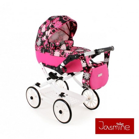 Hlboký kočík pre bábiky Jasmine Kids V1 ružový s kvetmi