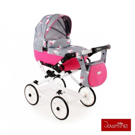 Hlboký kočík pre bábiky Jasmine Kids V1 ružový s kvetmi