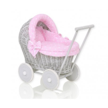 Prútený kočík pre bábiky sivý
