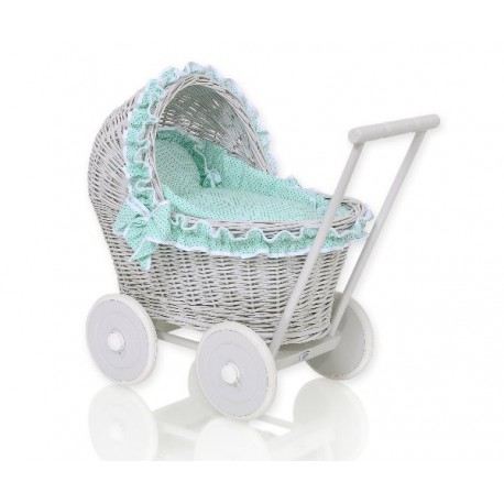 Prútený kočík pre bábiky sivý