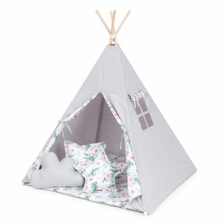 Stan pre deti teepee, típí s výbavou - Hvezdy sivé/bodky