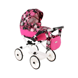 Hlboký kočík pre bábiky Jasmine Kids V1 ružový s kvetmi