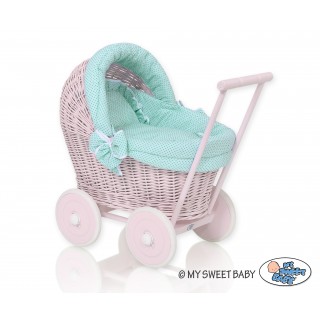 Prútený kočík pre bábiky ružový