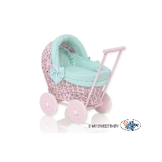 Prútený kočík pre bábiky ružový