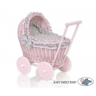 Prútený kočík pre bábiky ružový