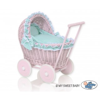 Prútený kočík pre bábiky ružový
